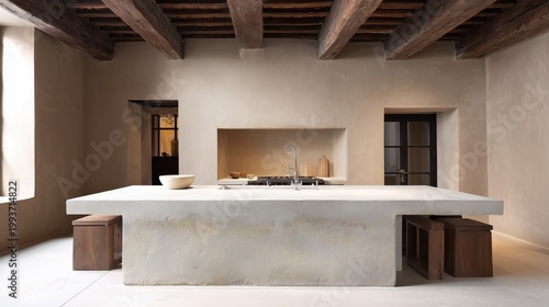 Minimalist Kitchen: A modern kitchen showcases a sleek island and rustic beams, embodying simplicity and functionality.