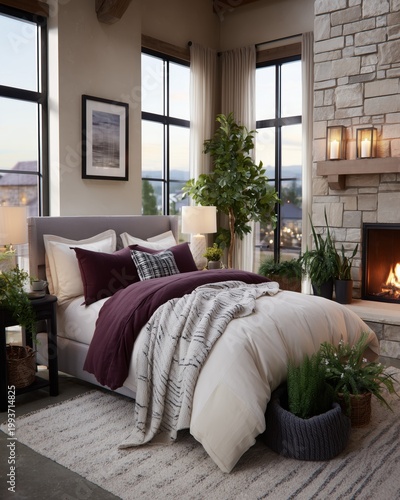 Cozy Bedroom Retreat: A luxurious bedroom boasts inviting ambiance with a plush bed, soft linens, a warm fireplace, and natural light streaming through large windows.