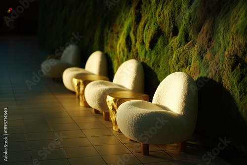 Serene Seating Arrangement: A row of elegant, cream-colored chairs are arranged along the sunlit moss wall, creating a scene of calm elegance.