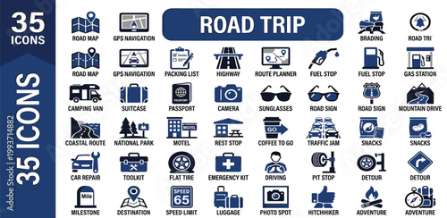 Essential road trip icons pack featuring navigation, travel services, vehicle care, and adventure activities, perfect for planning and enjoying modern journeys
