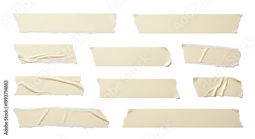 Collection of various torn masking tape strips with wrinkled textures and jagged edges on a black background
