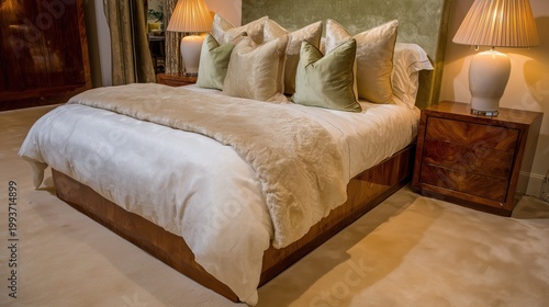 Luxurious Bedroom Retreat: An inviting and opulent bedroom, furnished with a grand bed, soft textures, and warm lighting, creating an atmosphere of comfort and elegance.