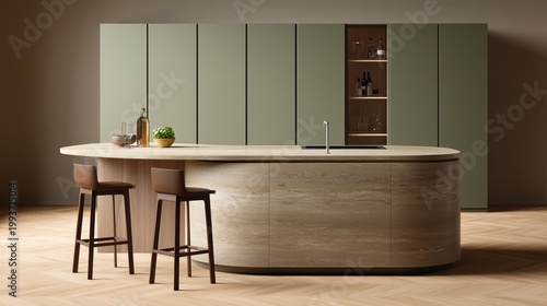 Modern Kitchen: A stylish, modern kitchen design boasts an elegant island, complete with sleek wooden bar stools. The minimalist design showcases clean lines and a harmonious color palette.