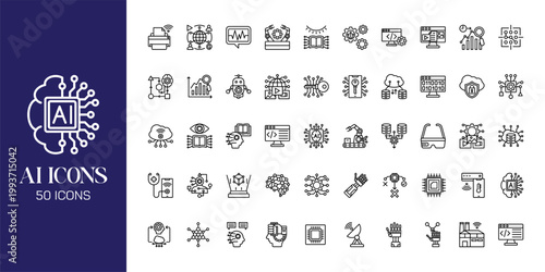 Artificial Intelligence Icon Set with AI Brain, Machine Learning, Robot, Data Network and Futuristic Technology Vector Collection