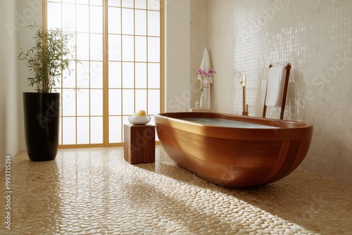 Serene Oasis: A wooden bathtub filled with water resides in a spa-like bathroom, reflecting natural light and an ambiance of tranquility. 
