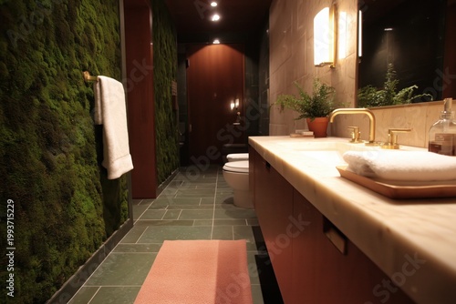 Serene Bathroom Sanctuary: A contemporary bathroom, featuring a stunning moss wall, creates a calming, natural oasis, where design and tranquility meet seamlessly.