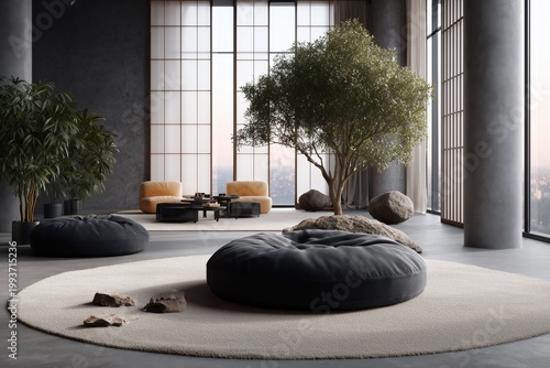 Modern Indoor Oasis: A stylish and contemporary indoor space, seamlessly merging nature and design. Featuring a large indoor tree as the focal point, this space includes comfortable seating.