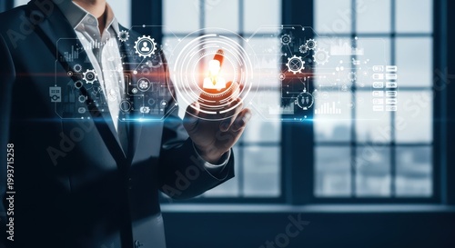 Businessman interacting with a futuristic digital interface for human resource management