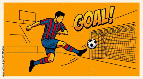 A soccer player kicking the ball towards the goal with GOAL! in the frame