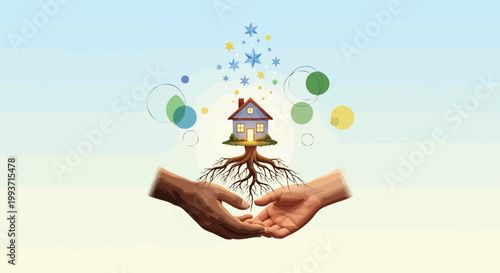 A conceptual image illustrating the unity and support from diverse hands fostering a stable home and sustainable growth for communities