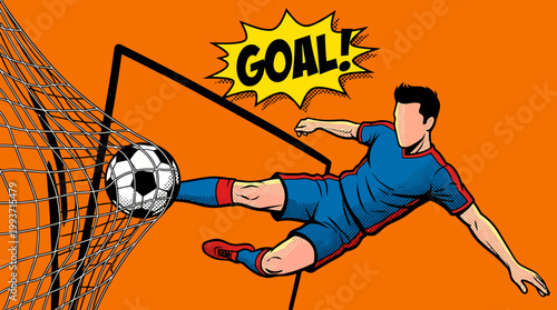 Dynamic illustration of a soccer player kicking the ball towards the goal with GOAL text
