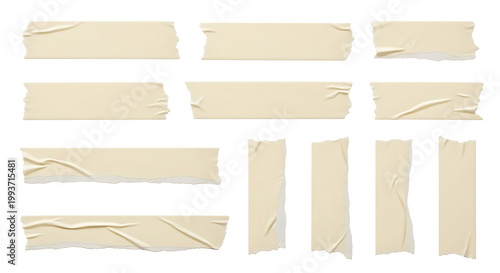 Collection of realistic torn masking tape strips with wrinkled paper textures and adhesive edges on black