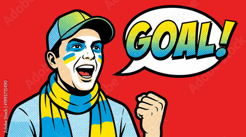 Fan cheering goal with colorful fan outfit and face paint, speech bubble says GOAL!