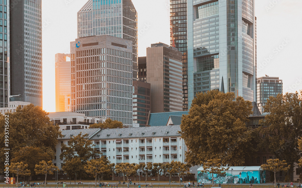 Obraz premium Frankfurt am Main Skyline mit Hochhäusern und Bankenviertel von Sachsenhausen bei Sonnenuntergang im Herbst
