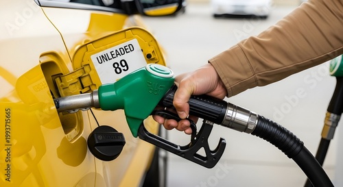 A persons hand holding a green gas pump nozzle inserting it into a yellow cars fuel tank with an unleaded 89 label on a sunny day