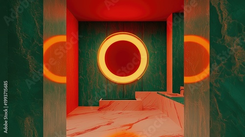 Vibrant interior design with contrasting colors and geometric shapes.