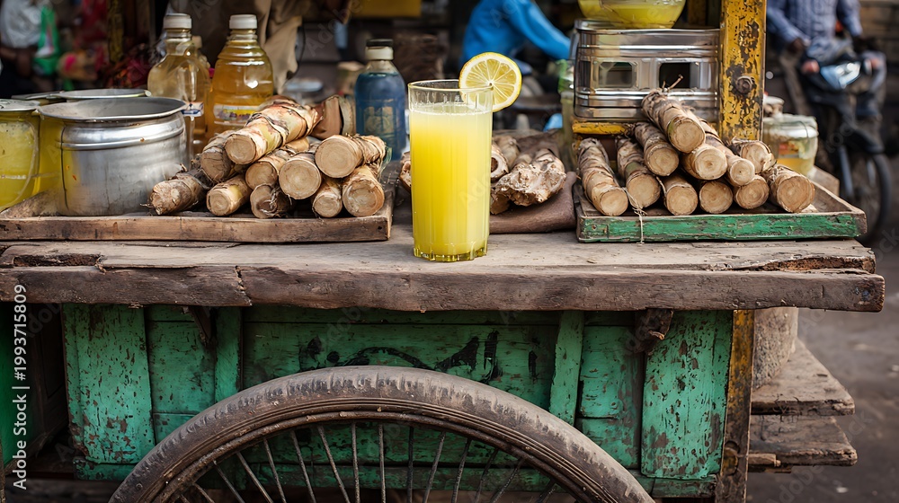 Fototapeta premium fresh sugarcane juice on wooden cart with lime