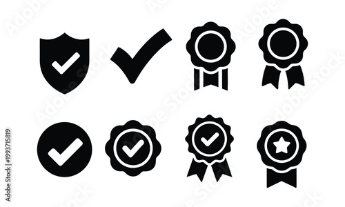 Quality Check and Certification Icon Set – Approved Badge Shield Tick Vector Collection