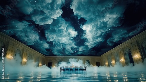 Grand ballroom's opulent interior, reflected in a water-filled space.
