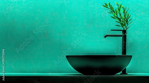 Modern bathroom sink with teal wall and plant.