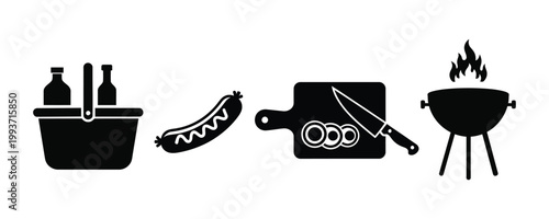 BBQ Grill and Barbecue Icon Set – Outdoor Cooking Food Silhouette Vector