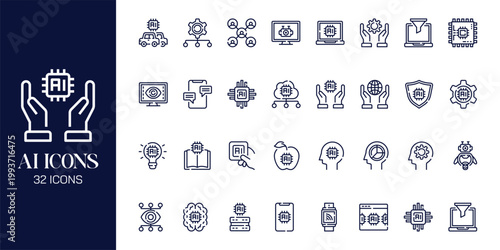 Artificial Intelligence Icon Set with AI Brain, Machine Learning, Robot, Data Network and Futuristic Technology Vector Collection