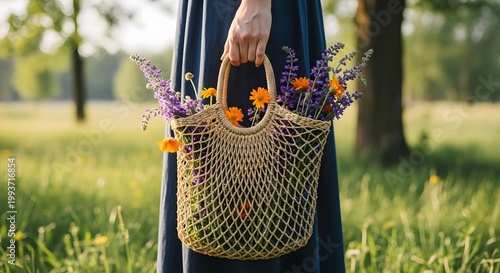 Woman holding net bag with freshly picked wild flowers in sunny park. Summer harvest of field floral bouquet. Natural eco friendly lifestyle, rustic style and spring decoration theme.