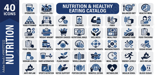 Nutrition and Healthy Eating Icons Catalog for Wellness and Diet Planning