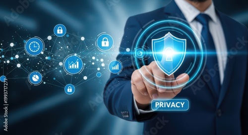 Businessman touching a digital shield icon representing data privacy and cybersecurity