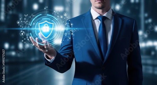 Cyber security and data protection concept businessman in suit holding glowing digital shield with padlock icon network security and information safety