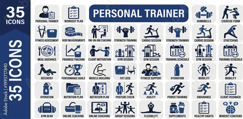 Modern vector icons for personal training, fitness, gym services. Covers workout plans, nutrition, progress, and wellness for health apps and active lifestyles