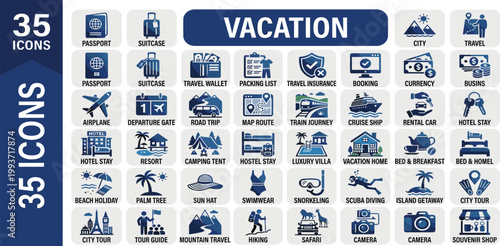 Extensive collection of blue flat vector icons for vacation and travel, featuring essentials like passport, luggage, currency, and destinations, ideal for tourism design