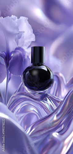 Stylish black perfume bottle on silky purple background  