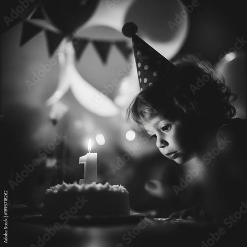 Young child blowing out candle on birthday cake in celebration  