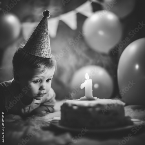 Young boy gazing at birthday cake with candle in festive setting  
