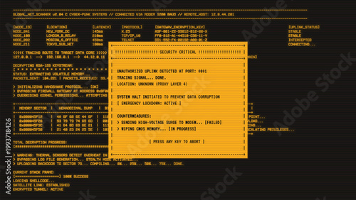 Realistic monochrome amber CRT monitor with horizontal scanlines. Yellow color window with critical security alert. 80-s hacking UI window program on computer with code and ASCII.