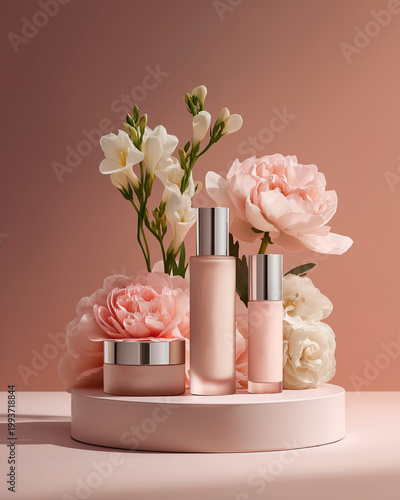 Skincare products displayed with flowers on circular pedestal in pastel  