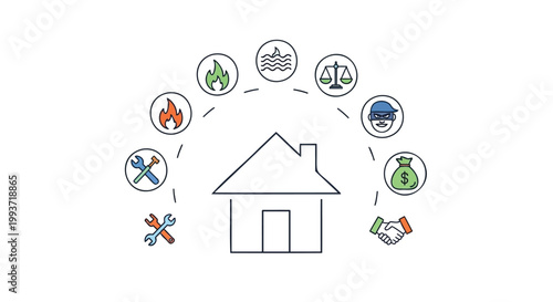 Comprehensive Home Protection Concepts Illustrating Key Risks and Essential Coverage for Property Insurance with Modern Icons