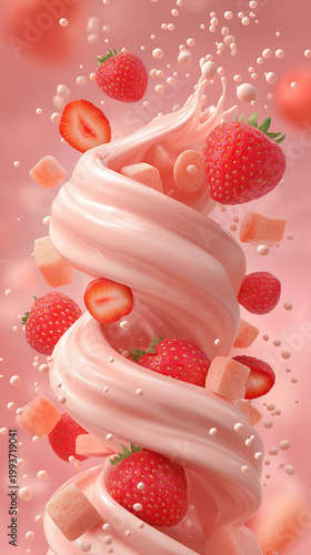 Swirled pink ice cream with fresh strawberries and candy pieces  