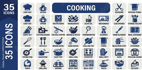 A collection of 35 cooking and kitchen utensil icons, including chef hat, apron, recipe book, knife, and whisk, perfect for culinary websites and applications