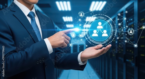 Businessman interacting with digital human network interface in server room