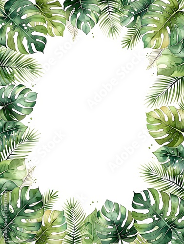 Watercolor frame of tropical monstera and palm leaves. Botanical border with exotic foliage on white background. Nature decoration for greeting card and seasonal invitation design.