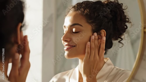 Young woman applying skincare product to her face while looking in a mirror