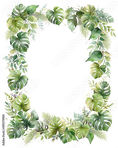 Watercolor border decorated with tropical monstera leaf and palm branch. Botanical frame design with exotic greenery. Vertical foliage composition for invitation card and wedding decor.