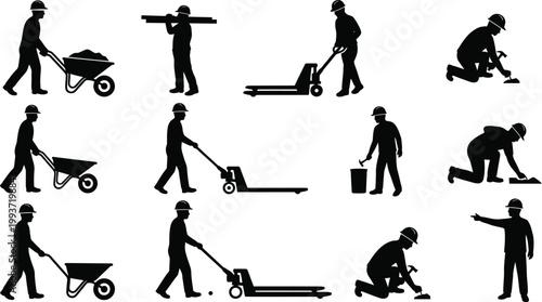 Construction worker silhouettes set, builders and industrial laborers working with equipment.