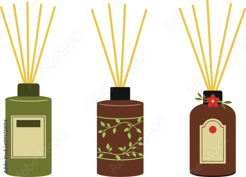 Decorative reed diffuser bottles with ароматic sticks, home fragrance set with floral labels for spa relaxation interior vector illustration