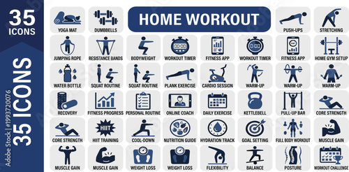 Dynamic collection of 35 versatile vector icons for effective home workout and fitness routines, covering exercises, equipment, and personal health progress tracking