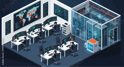 Professional IT team monitoring global network security and data center operations in a secure control room environment, ensuring digital infrastructure protection