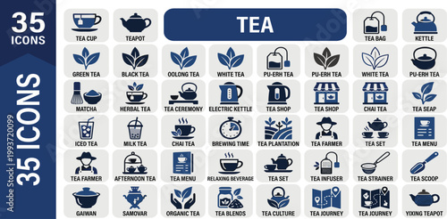 Diverse set of tea-themed icons covering brewing, serving, and different tea types. Perfect graphic resource for beverage-related projects and cultural content design
