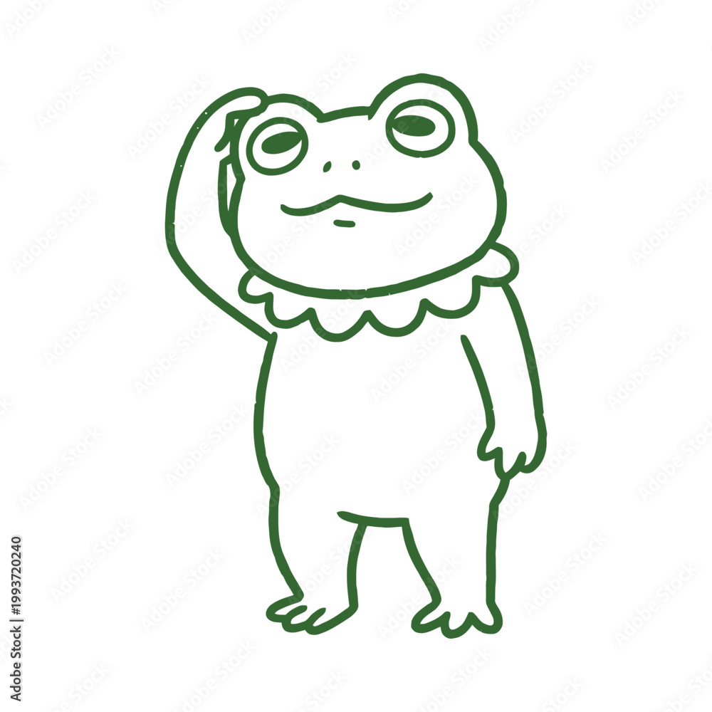 Obraz premium Vector illustration of a thinking frog. Cute amphibian mascot scratching head in a pensive pose, green line art style isolated on white.